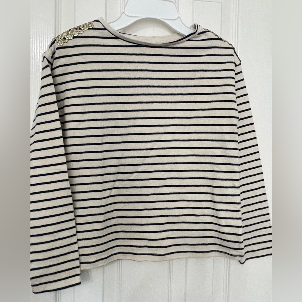Zara Stripped navy blue and cream long sleeve blouse